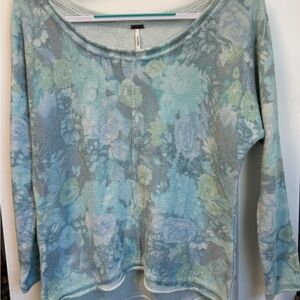 Free People Floral Patterned Blue and Green Women's Sweater